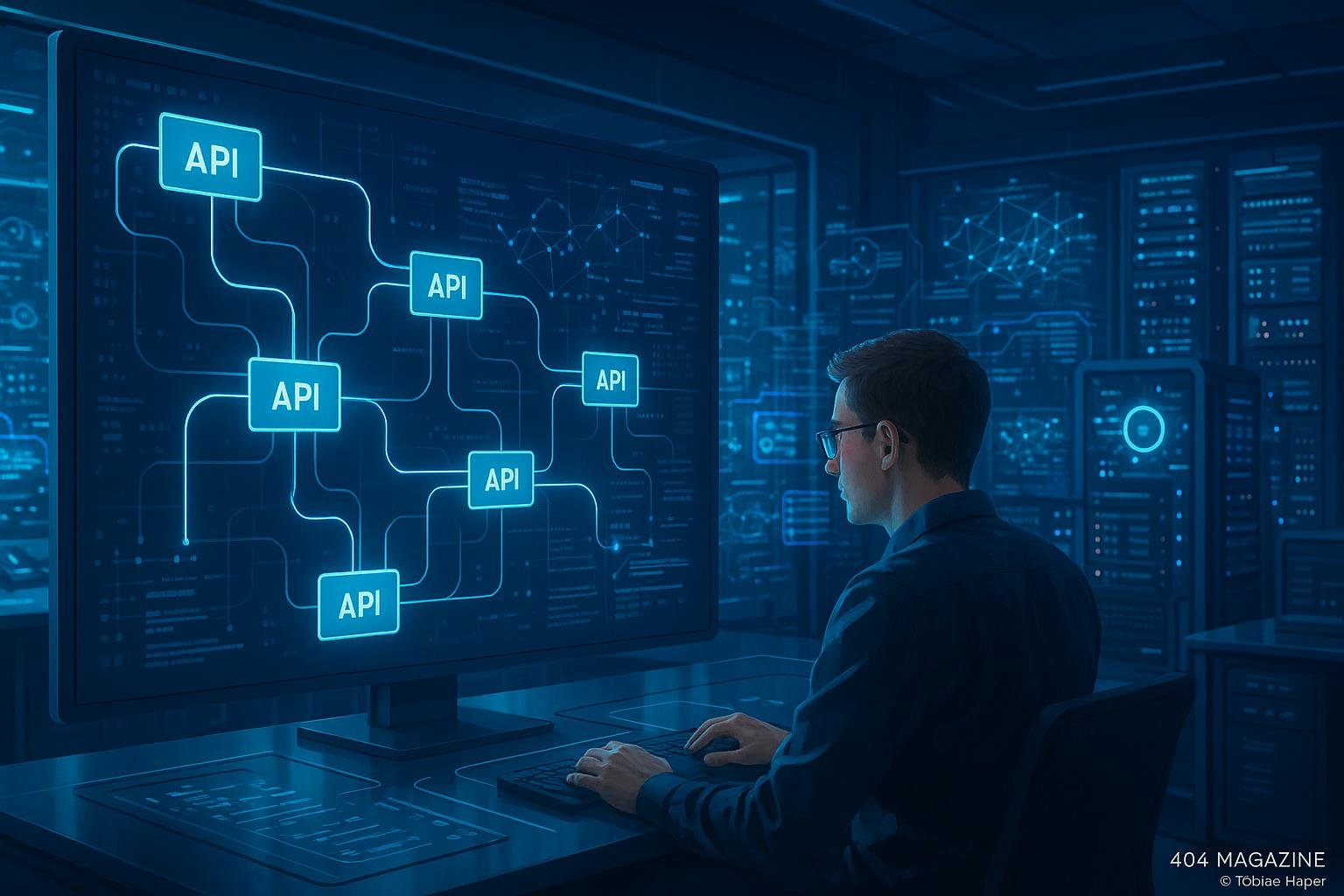 Futuristisches Büro mit holographischen Datenströmen, API-Visualisierungen und einem Tech-Experten, der an einem großen Bildschirm arbeitet