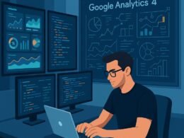 Modernes digitales Büro mit Entwickler, mehreren Monitoren, Analytics-Dashboards und großen Diagrammen im Hintergrund.