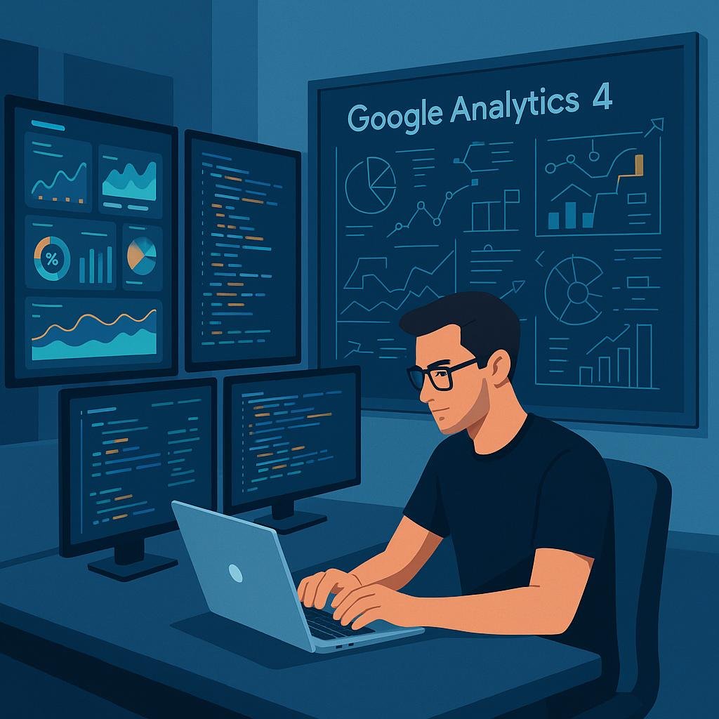 Modernes digitales Büro mit Entwickler, mehreren Monitoren, Analytics-Dashboards und großen Diagrammen im Hintergrund.