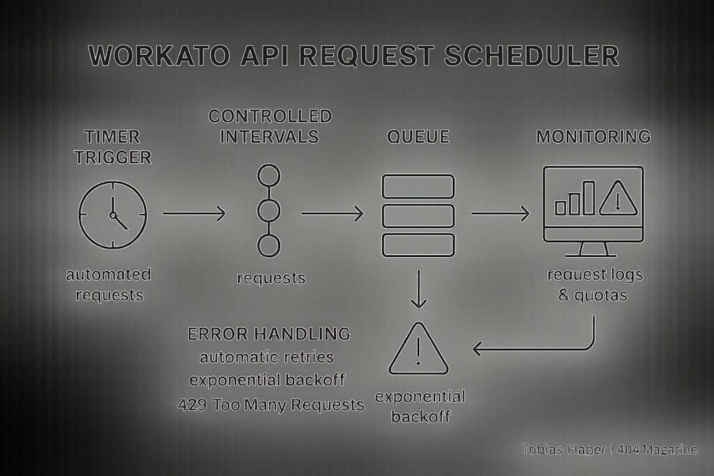 Diagramm des Workato API Request Schedulers mit Timer, Queue, Error-Handling, Monitoring und Flussvisualisierung