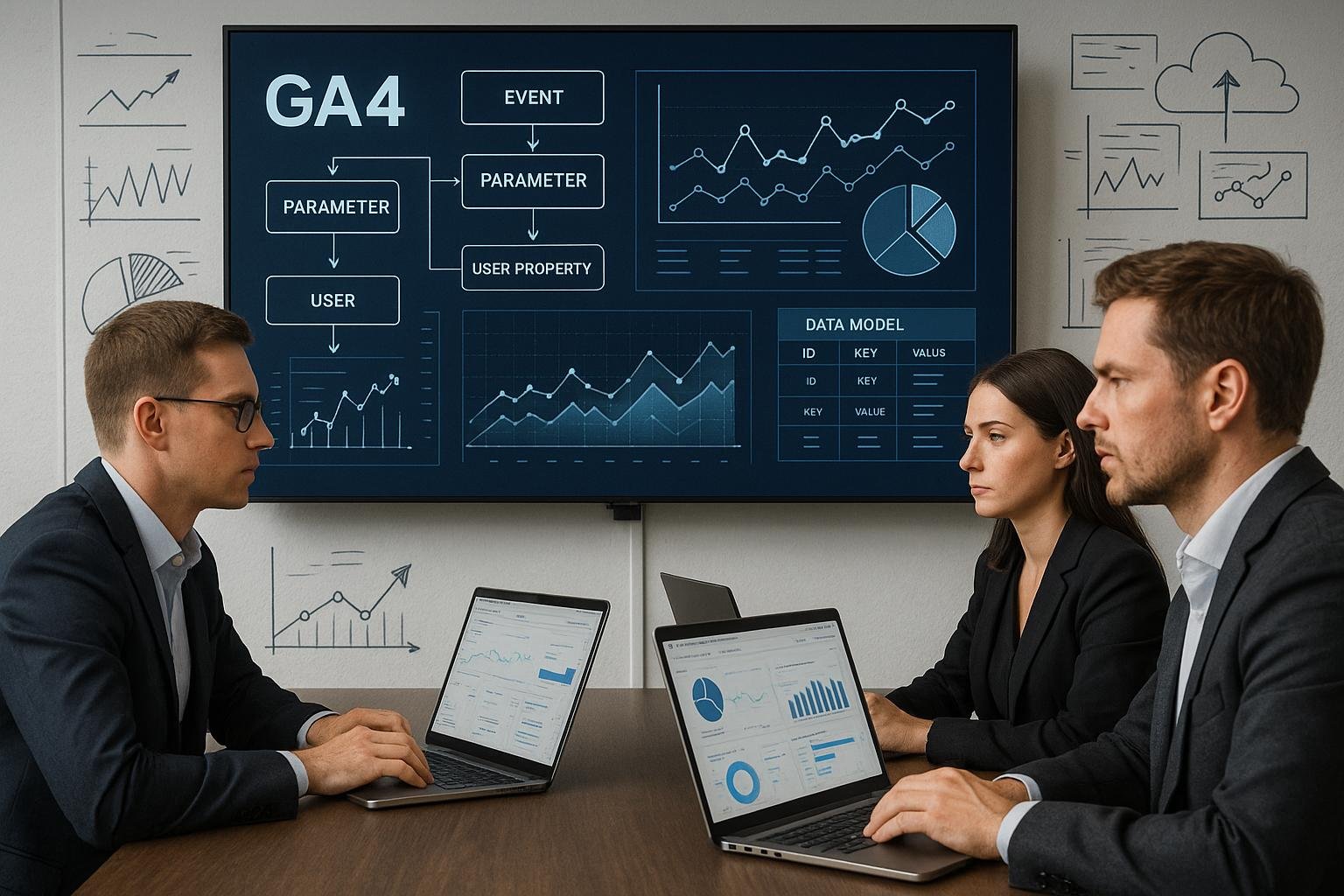 Technisches Office mit Fachleuten, die Datenanalysen zu GA4 auf großen Bildschirmen und Whiteboards mit Skizzen und Cloud-Symbolen betrachten