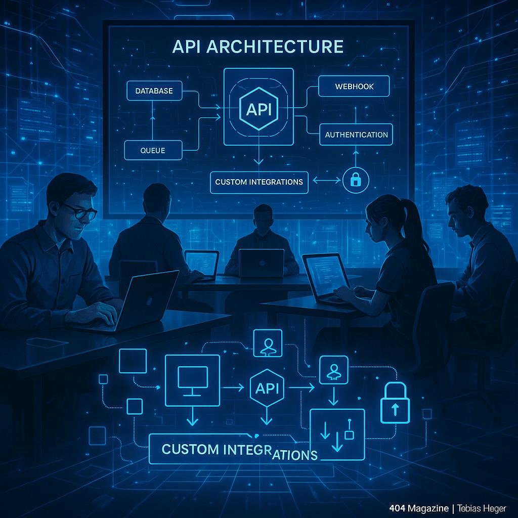 Futuristischer Arbeitsraum mit großem Bildschirm, digitalen Diagrammen, Datenflüssen und holographischen Elementen, zeigt API-Architektur und individuelle Schnittstellen.