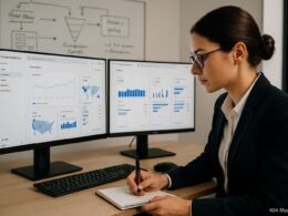 Moderner Arbeitsplatz mit zwei Monitoren, die Google Analytics 4 Dashboards anzeigen, im Vordergrund eine Person in Business-Kleidung, im Hintergrund Whiteboard mit Skizzen und Diagrammen, Credit: 404 Magazine (Tobias Hager)