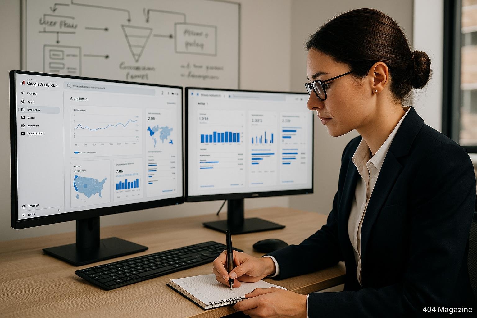 Moderner Arbeitsplatz mit zwei Monitoren, die Google Analytics 4 Dashboards anzeigen, im Vordergrund eine Person in Business-Kleidung, im Hintergrund Whiteboard mit Skizzen und Diagrammen, Credit: 404 Magazine (Tobias Hager)