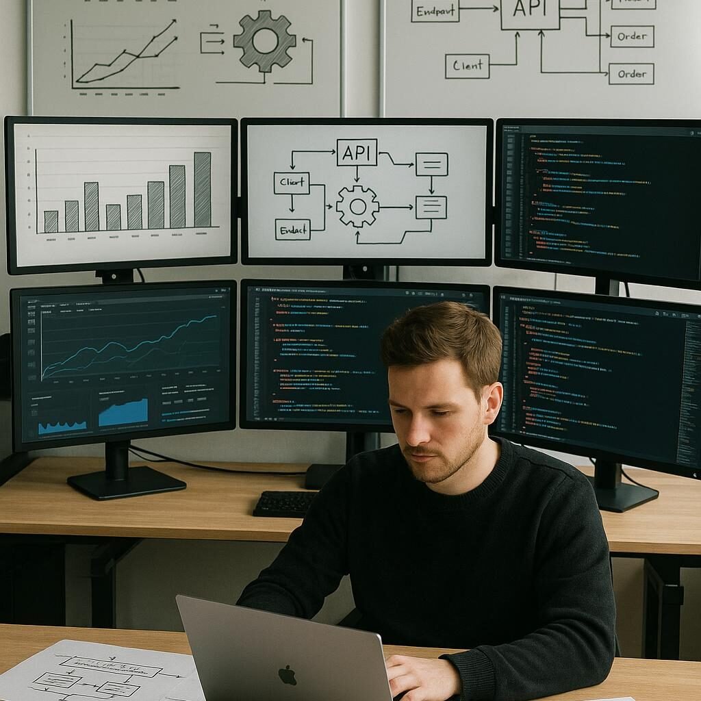 Modernes Büro mit Entwickler, der an Laptop arbeitet, umgeben von Diagrammen, Skizzen und Whiteboards mit API- und Datenmodell-Designs
