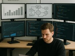 Modernes Büro mit Entwickler, der an Laptop arbeitet, umgeben von Diagrammen, Skizzen und Whiteboards mit API- und Datenmodell-Designs