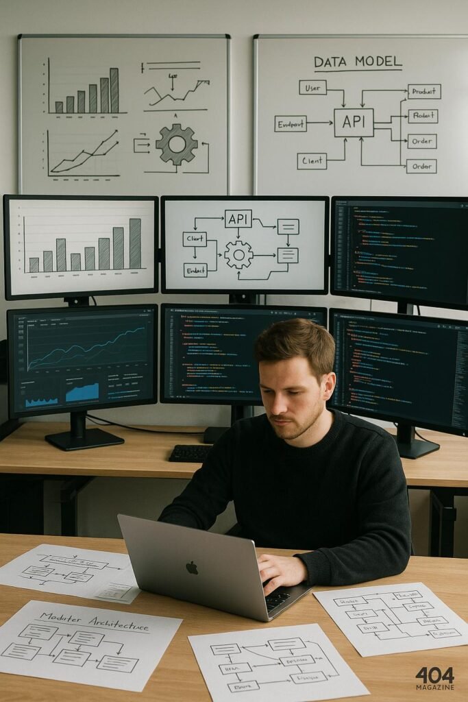Modernes Büro mit Entwickler, der an Laptop arbeitet, umgeben von Diagrammen, Skizzen und Whiteboards mit API- und Datenmodell-Designs