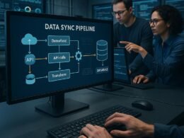 Arbeitsbüro mit großem Bildschirm, der eine schematische Data Sync Pipeline mit API-, Cloud- und Datenbank-Icons zeigt, im Hintergrund Monitore mit Logs und Dashboards, zwei Fachleute bei der Arbeit.