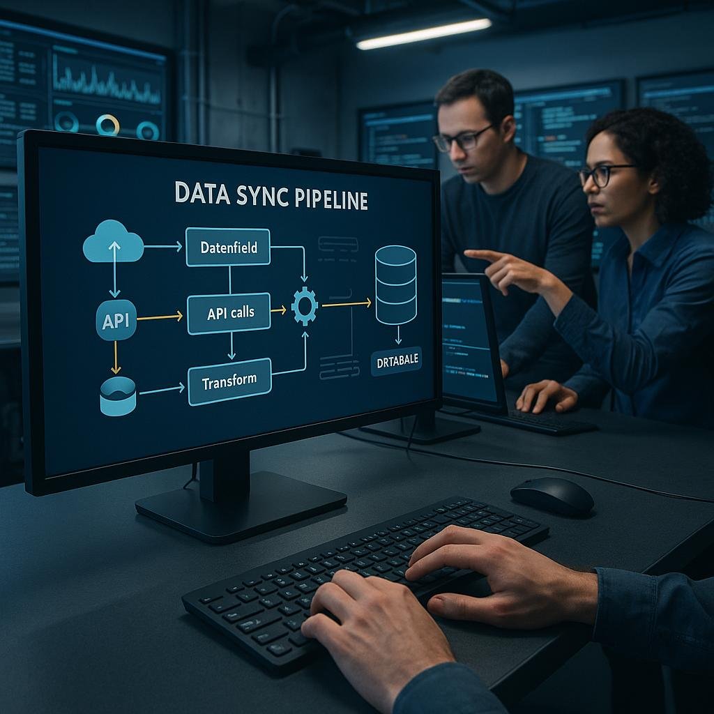 Arbeitsbüro mit großem Bildschirm, der eine schematische Data Sync Pipeline mit API-, Cloud- und Datenbank-Icons zeigt, im Hintergrund Monitore mit Logs und Dashboards, zwei Fachleute bei der Arbeit.