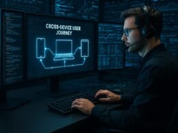 Futuristische Arbeitsstation mit Monitoren, technischer Grafik und einem Entwickler mit Headset, der an einem Keyboard arbeitet, im Hintergrund Datenströme und Codezeilen.