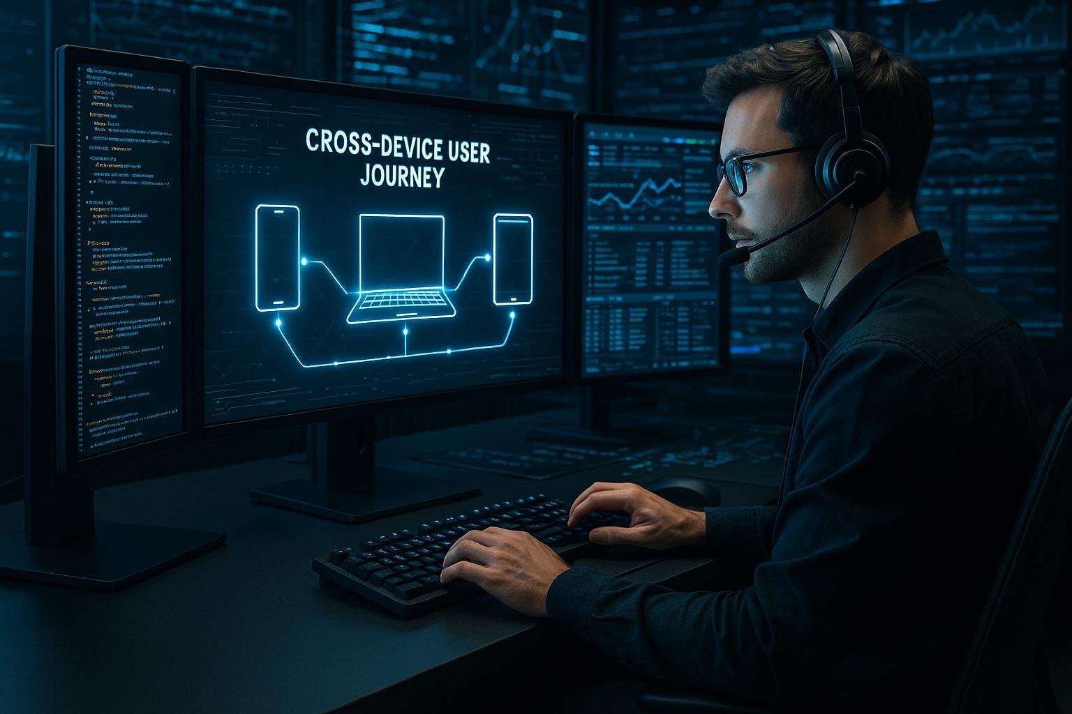 Futuristische Arbeitsstation mit Monitoren, technischer Grafik und einem Entwickler mit Headset, der an einem Keyboard arbeitet, im Hintergrund Datenströme und Codezeilen.