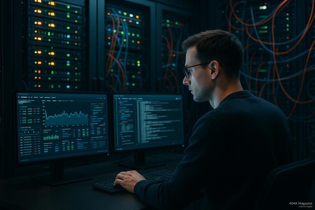 Serverraum mit großen Serverracks, Kabeln, Monitoren mit Echtzeit-Diagrammen sowie einem Analysten im Vordergrund, im Hintergrund komplexe Netzwerkverkabelung. Credit: 404 Magazine (Tobias Hager)