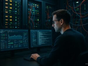 Serverraum mit großen Serverracks, Kabeln, Monitoren mit Echtzeit-Diagrammen sowie einem Analysten im Vordergrund, im Hintergrund komplexe Netzwerkverkabelung. Credit: 404 Magazine (Tobias Hager)