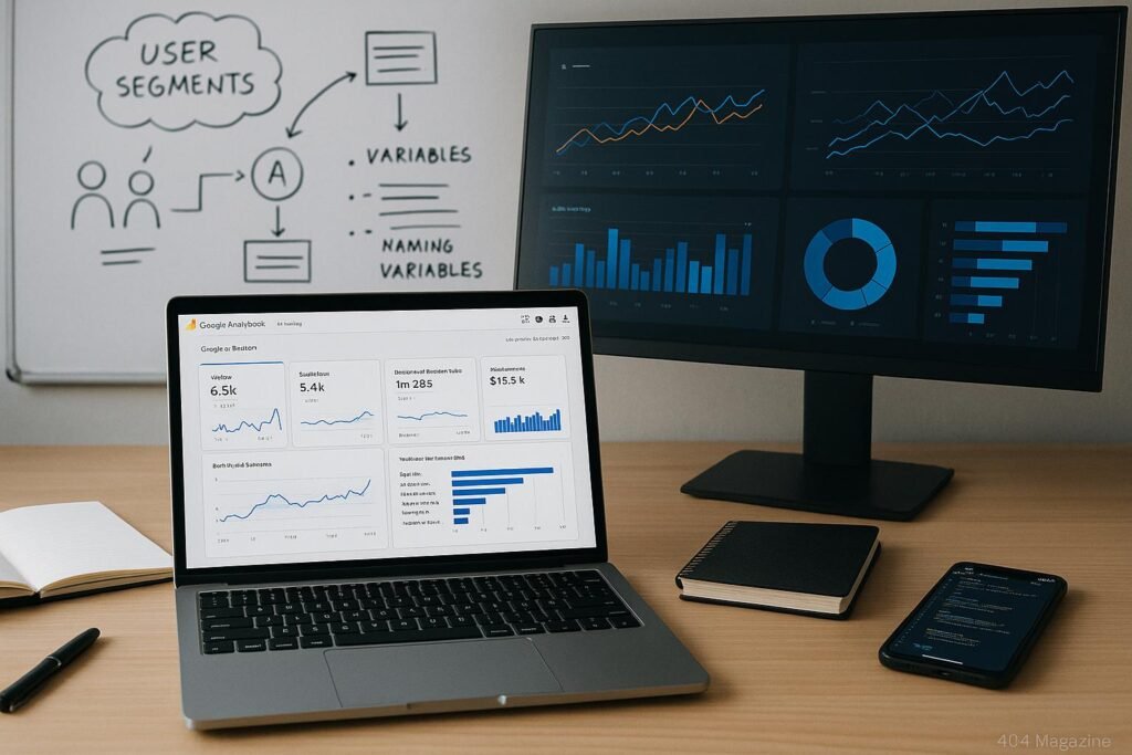 Arbeitsplatz für Datenanalyse mit Laptop, Monitor, Notizblöcken, Smartphone und Whiteboard mit Skizzen zu Nutzersegmenten, gewidmet technischer Präzision.