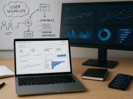 Arbeitsplatz für Datenanalyse mit Laptop, Monitor, Notizblöcken, Smartphone und Whiteboard mit Skizzen zu Nutzersegmenten, gewidmet technischer Präzision.