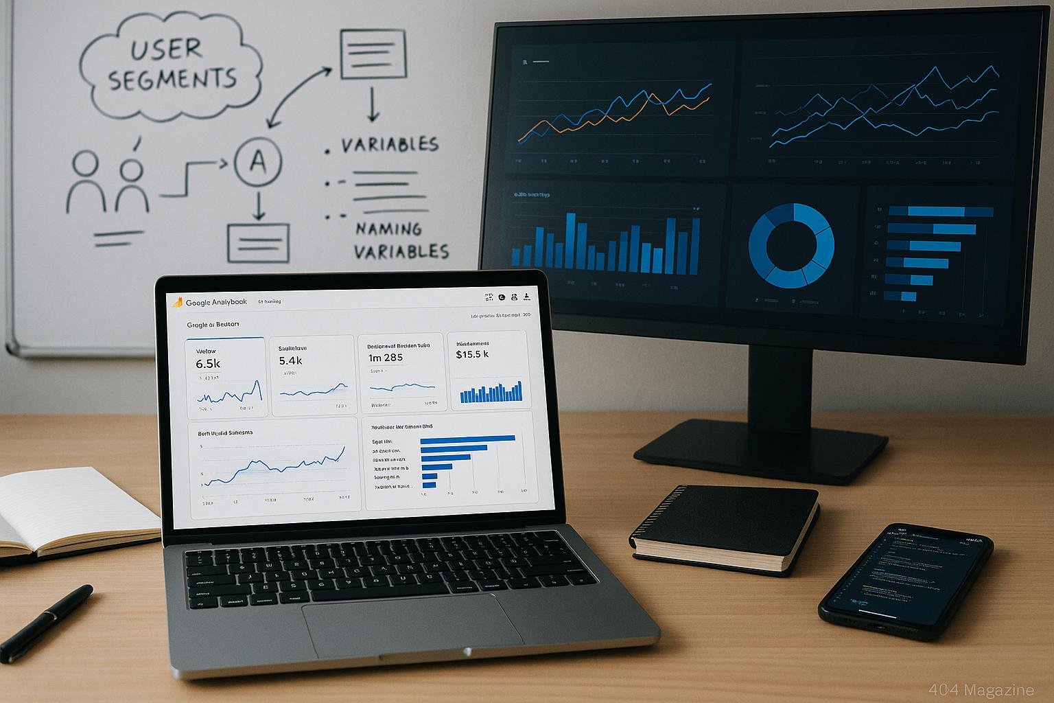 Arbeitsplatz für Datenanalyse mit Laptop, Monitor, Notizblöcken, Smartphone und Whiteboard mit Skizzen zu Nutzersegmenten, gewidmet technischer Präzision.