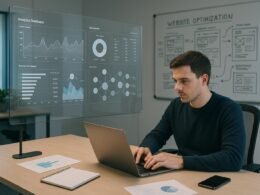Moderne Büroarbeit mit großen Bildschirm, Analytics-Dashboards, Whiteboard-Skizzen und einem konzentrierten Mitarbeiter am Laptop