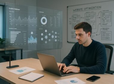 Moderne Büroarbeit mit großen Bildschirm, Analytics-Dashboards, Whiteboard-Skizzen und einem konzentrierten Mitarbeiter am Laptop