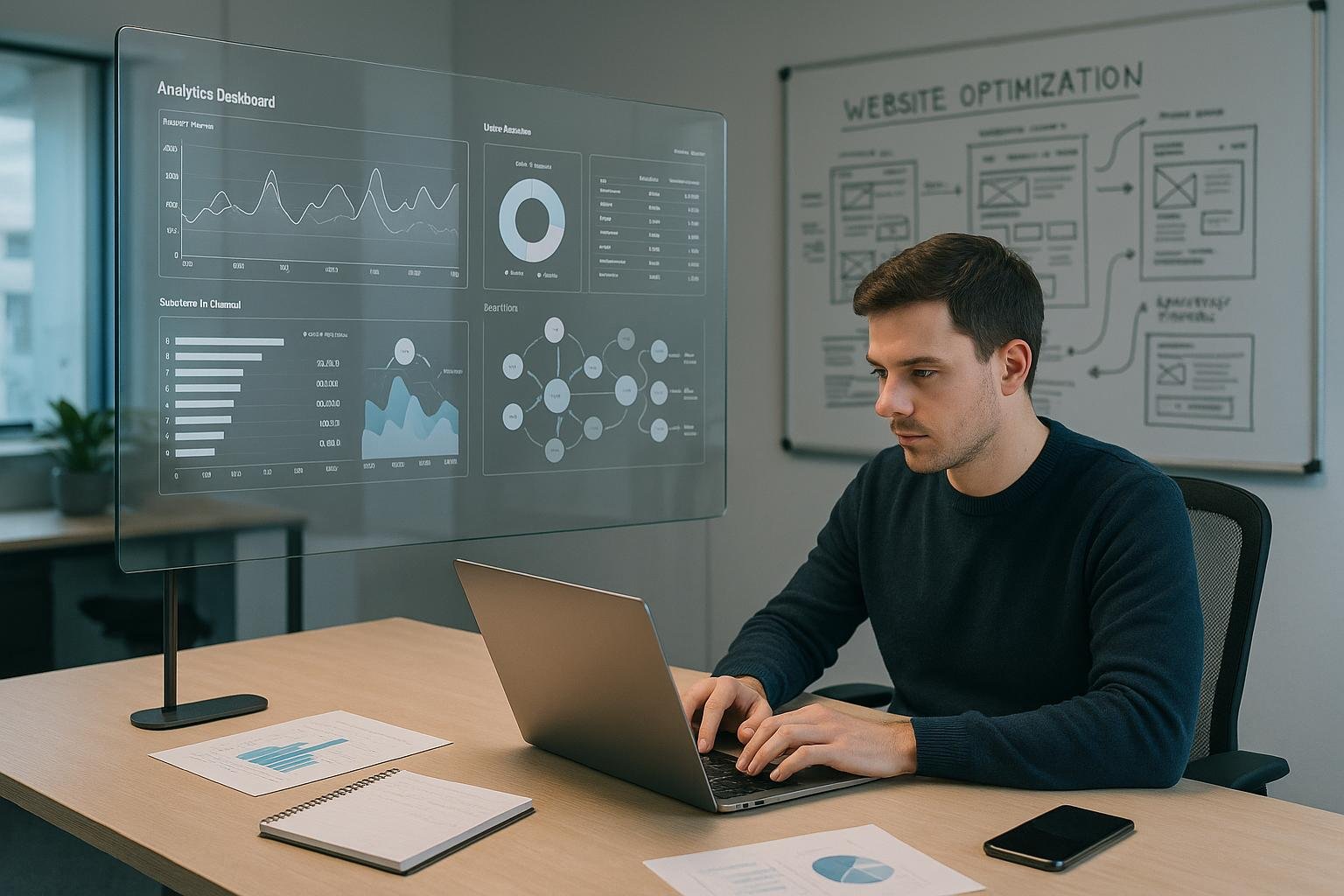 Moderne Büroarbeit mit großen Bildschirm, Analytics-Dashboards, Whiteboard-Skizzen und einem konzentrierten Mitarbeiter am Laptop