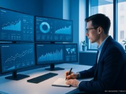 Person in Business-Kleidung in einem modernen Arbeitsraum mit großen Monitoren, Datenvisualisierungen und natürlichem Licht im Hintergrund, ergänzt durch Pflanzen.