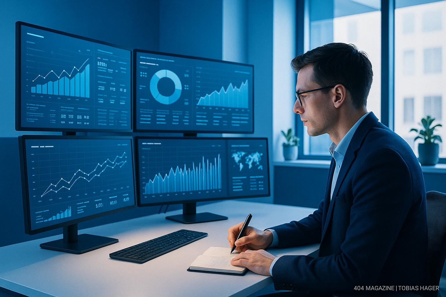 Person in Business-Kleidung in einem modernen Arbeitsraum mit großen Monitoren, Datenvisualisierungen und natürlichem Licht im Hintergrund, ergänzt durch Pflanzen.