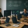 Modernes Entwicklerbüro mit mehreren Monitoren, Code, Tests, Dashboards und einer großen Tafel mit Workflow-Diagrammen, beleuchtet in klarer Umgebung