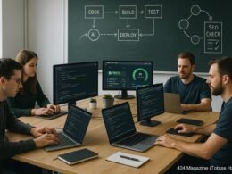 Modernes Entwicklerbüro mit mehreren Monitoren, Code, Tests, Dashboards und einer großen Tafel mit Workflow-Diagrammen, beleuchtet in klarer Umgebung
