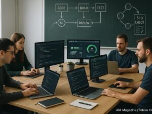 Modernes Entwicklerbüro mit mehreren Monitoren, Code, Tests, Dashboards und einer großen Tafel mit Workflow-Diagrammen, beleuchtet in klarer Umgebung