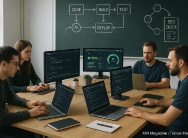 Modernes Entwicklerbüro mit mehreren Monitoren, Code, Tests, Dashboards und einer großen Tafel mit Workflow-Diagrammen, beleuchtet in klarer Umgebung