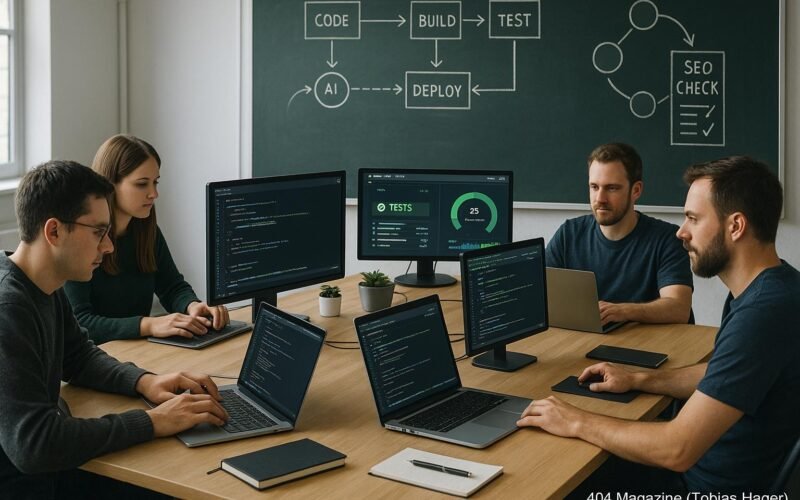 Modernes Entwicklerbüro mit mehreren Monitoren, Code, Tests, Dashboards und einer großen Tafel mit Workflow-Diagrammen, beleuchtet in klarer Umgebung