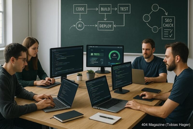 Modernes Entwicklerbüro mit mehreren Monitoren, Code, Tests, Dashboards und einer großen Tafel mit Workflow-Diagrammen, beleuchtet in klarer Umgebung