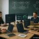 Modernes Entwicklerbüro mit mehreren Monitoren, Code, Tests, Dashboards und einer großen Tafel mit Workflow-Diagrammen, beleuchtet in klarer Umgebung