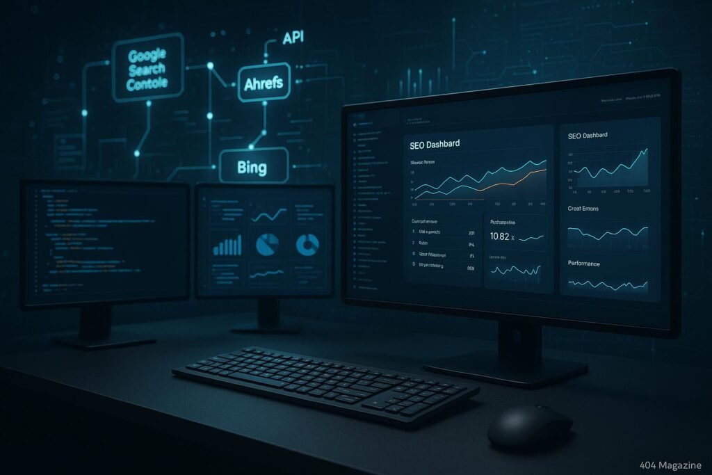 Moderner digitaler Arbeitsbereich mit mehrere Bildschirme, die SEO-Analysedaten und API-Datenvisualisierungen zeigen, um die vernetzte Natur der API-gestützten SEO-Analyse darzustellen.