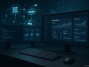 Moderner digitaler Arbeitsbereich mit mehrere Bildschirme, die SEO-Analysedaten und API-Datenvisualisierungen zeigen, um die vernetzte Natur der API-gestützten SEO-Analyse darzustellen.