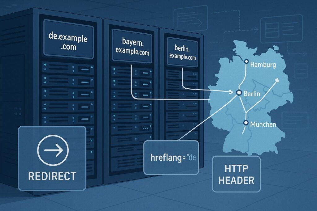Moderne Serverraum-Visualisierung mit Server-Racks, digitalen Monitoren für Subdomains, Deutschlandkarten mit Städten und technischen Symbolen für Redirects und Geo-Targeting.