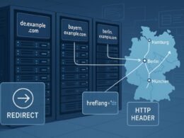 Moderne Serverraum-Visualisierung mit Server-Racks, digitalen Monitoren für Subdomains, Deutschlandkarten mit Städten und technischen Symbolen für Redirects und Geo-Targeting.