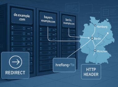 Moderne Serverraum-Visualisierung mit Server-Racks, digitalen Monitoren für Subdomains, Deutschlandkarten mit Städten und technischen Symbolen für Redirects und Geo-Targeting.
