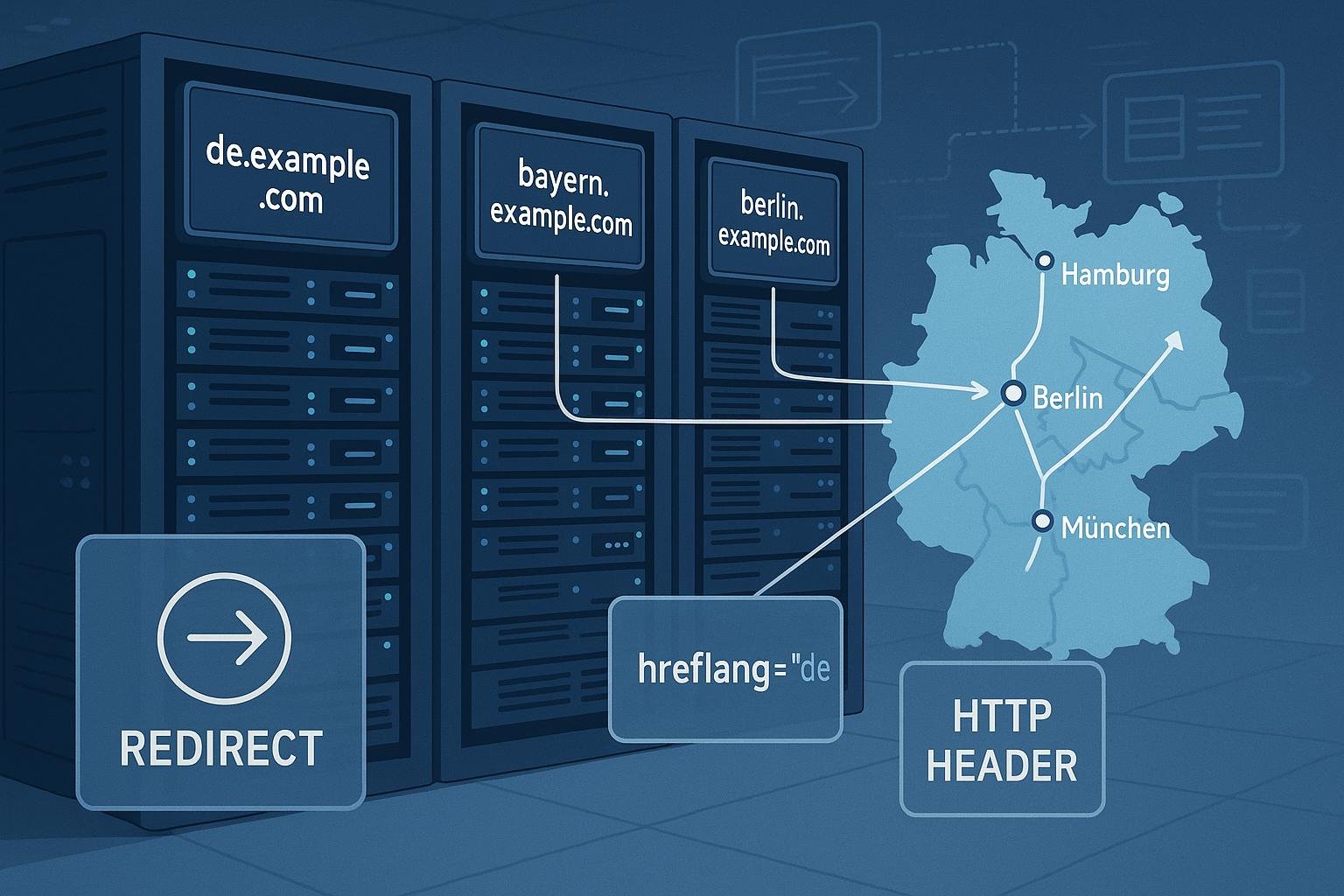 Moderne Serverraum-Visualisierung mit Server-Racks, digitalen Monitoren für Subdomains, Deutschlandkarten mit Städten und technischen Symbolen für Redirects und Geo-Targeting.