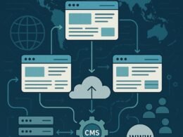 Abstrakte Darstellung eines digitalen Ökosystems mit vernetzten Webseiten, Servern, Cloud-Elementen und einer Weltkarte, die globale Reichweite zeigt.