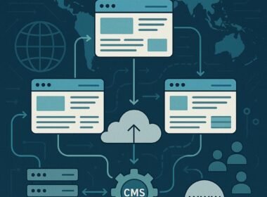 Abstrakte Darstellung eines digitalen Ökosystems mit vernetzten Webseiten, Servern, Cloud-Elementen und einer Weltkarte, die globale Reichweite zeigt.