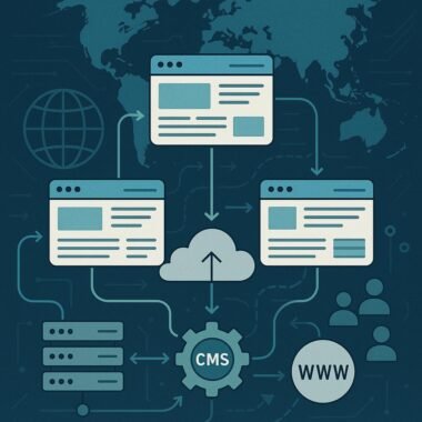 Abstrakte Darstellung eines digitalen Ökosystems mit vernetzten Webseiten, Servern, Cloud-Elementen und einer Weltkarte, die globale Reichweite zeigt.