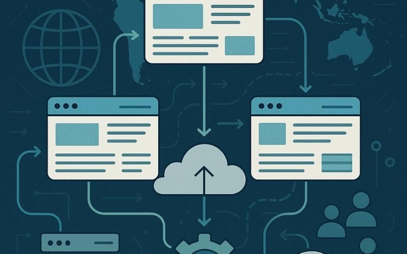 Abstrakte Darstellung eines digitalen Ökosystems mit vernetzten Webseiten, Servern, Cloud-Elementen und einer Weltkarte, die globale Reichweite zeigt.