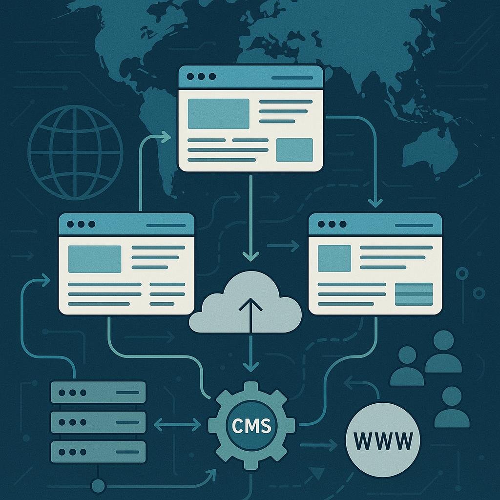 Abstrakte Darstellung eines digitalen Ökosystems mit vernetzten Webseiten, Servern, Cloud-Elementen und einer Weltkarte, die globale Reichweite zeigt.