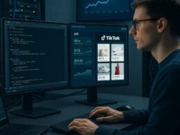 Moderner digitaler Arbeitsplatz mit Monitoren, die Code und API-Dashboards anzeigen, im Hintergrund arbeitet ein Fachmann an TikTok Shopping-Integration, umgeben von Server-Racks und Datenkabeln.
