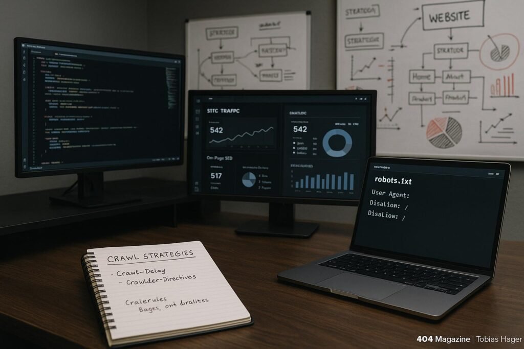 Modernes Arbeitszimmer mit Computern, Notizbuch und Whiteboards, das SEO-Strategien und Crawler-Directives zeigt