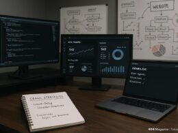 Modernes Arbeitszimmer mit Computern, Notizbuch und Whiteboards, das SEO-Strategien und Crawler-Directives zeigt