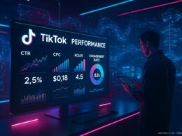 Futuristisches Kontrollzentrum mit großen Bildschirm, holographischen Datenströmen und einem Analysten bei der Kampagnenüberwachung für TikTok-Werbung