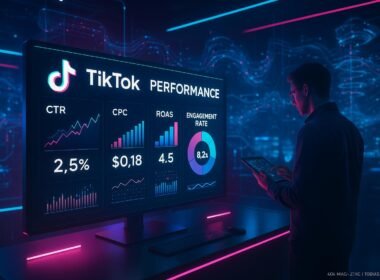 Futuristisches Kontrollzentrum mit großen Bildschirm, holographischen Datenströmen und einem Analysten bei der Kampagnenüberwachung für TikTok-Werbung