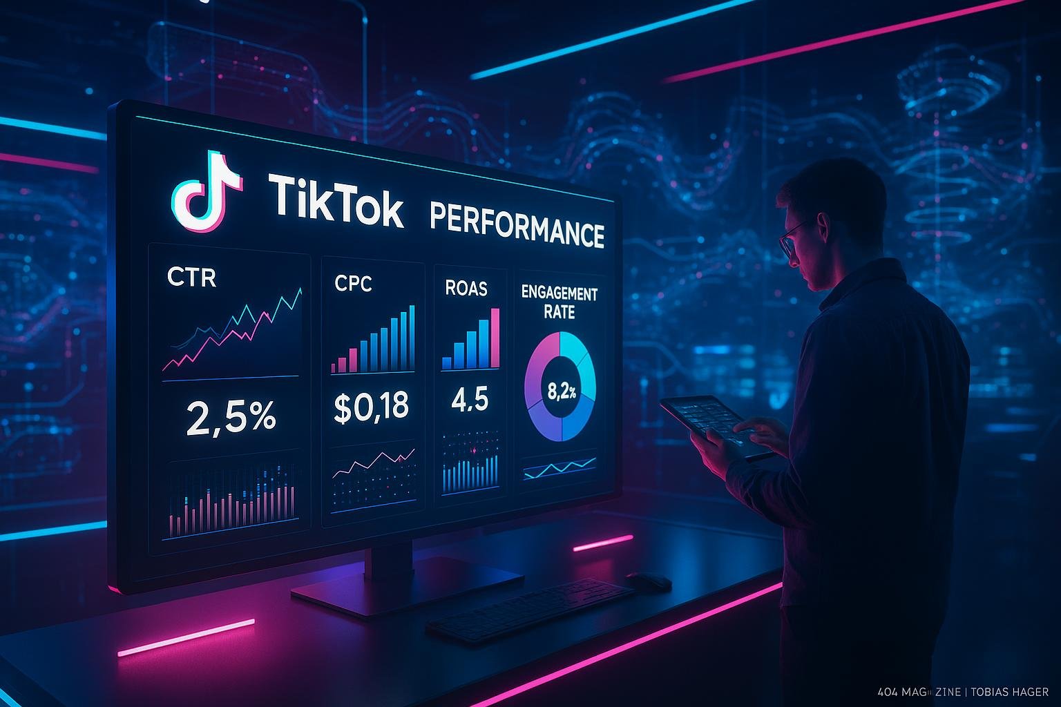 Futuristisches Kontrollzentrum mit großen Bildschirm, holographischen Datenströmen und einem Analysten bei der Kampagnenüberwachung für TikTok-Werbung