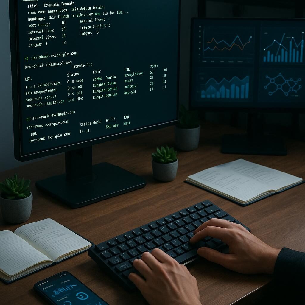 Moderner Arbeitsplatz mit Computer, Notizbüchern, Smartphone und Pflanzen, der Fokus liegt auf SEO-Analyse mit Kommandozeilen-Tools, beleuchtet durch Computerbildschirm. Credit: 404 Magazine (Tobias Hager)